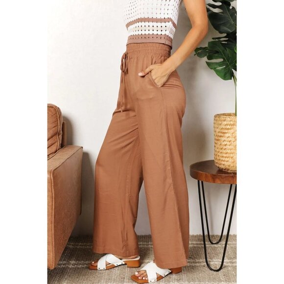 Double Take Drawstring Smocked Waist Wide Leg Pants - Picture 3 of 5